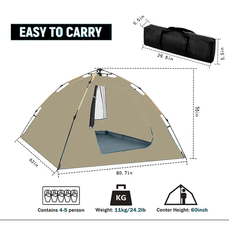 2-5 Person Dark Beige Waterproof Family Camping Dome Tent - 80.7"L