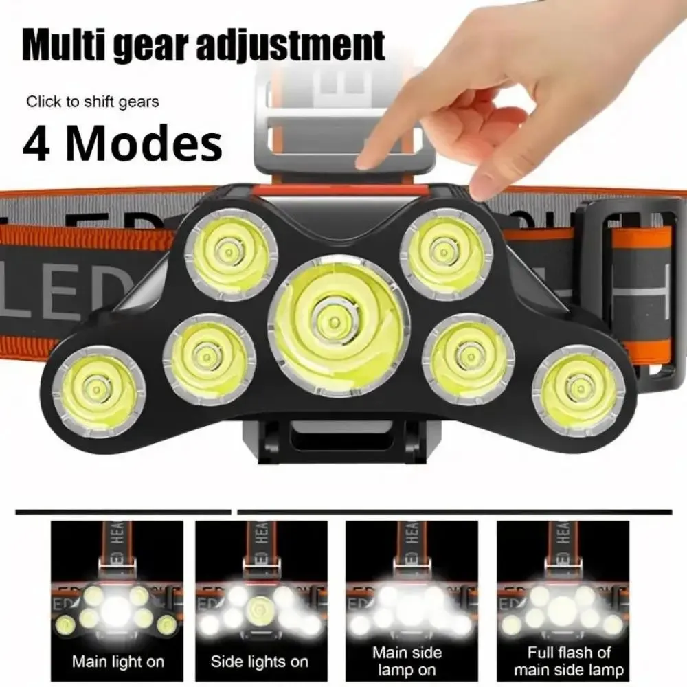 7LD Headlamp USB Rechargeable Waterproof Adjustable 4Modes Head-Mounted Flashlight  Outdoor Camping Running Hiking Working