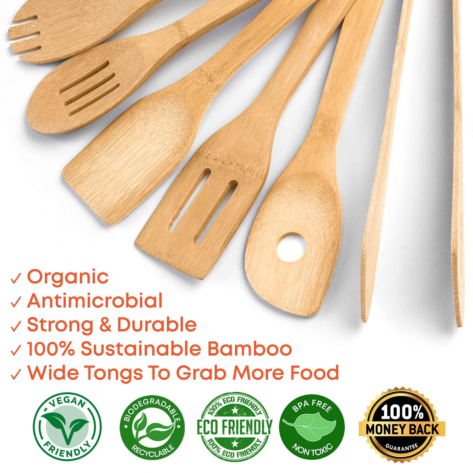 Bamboo Kitchen Utensils Set 8-Pack - Wooden Cooking Utensils for Nonstick Cookware - Wooden Cooking Spoons, Spatulas, Turner, Tongs, Utensil Holder
