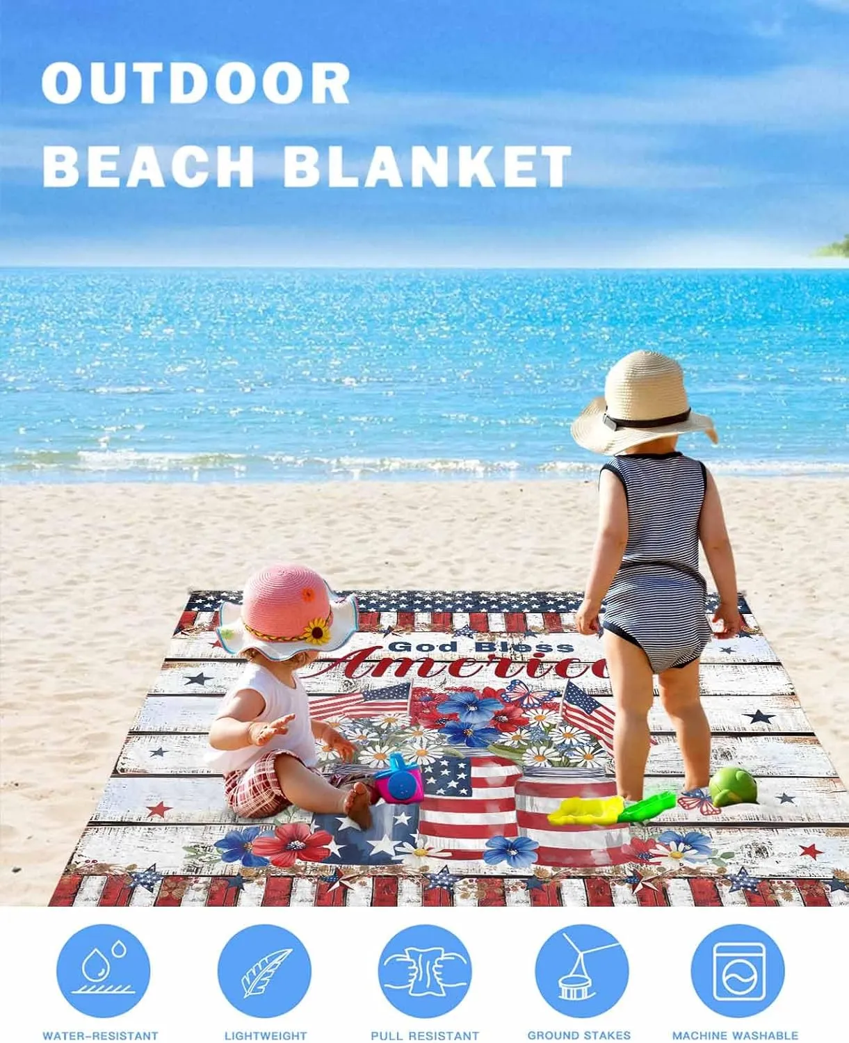 Beach Blanket Sandproof Waterproof Picnic Blankets American Flag Memorial Day Star Extra Large Lightweight Outdoor Beach Mat with Corner Pockets for Travel/Camping/Hiking Retro Board Striped Border