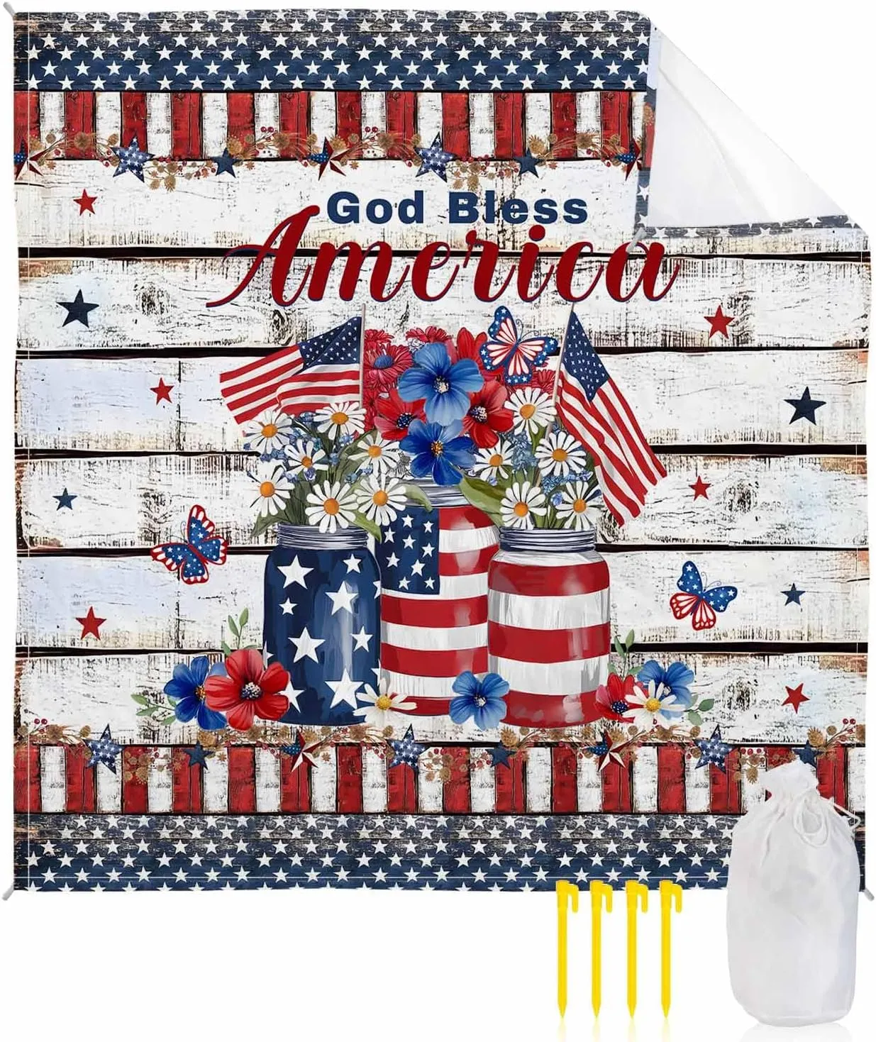 Beach Blanket Sandproof Waterproof Picnic Blankets American Flag Memorial Day Star Extra Large Lightweight Outdoor Beach Mat with Corner Pockets for Travel/Camping/Hiking Retro Board Striped Border