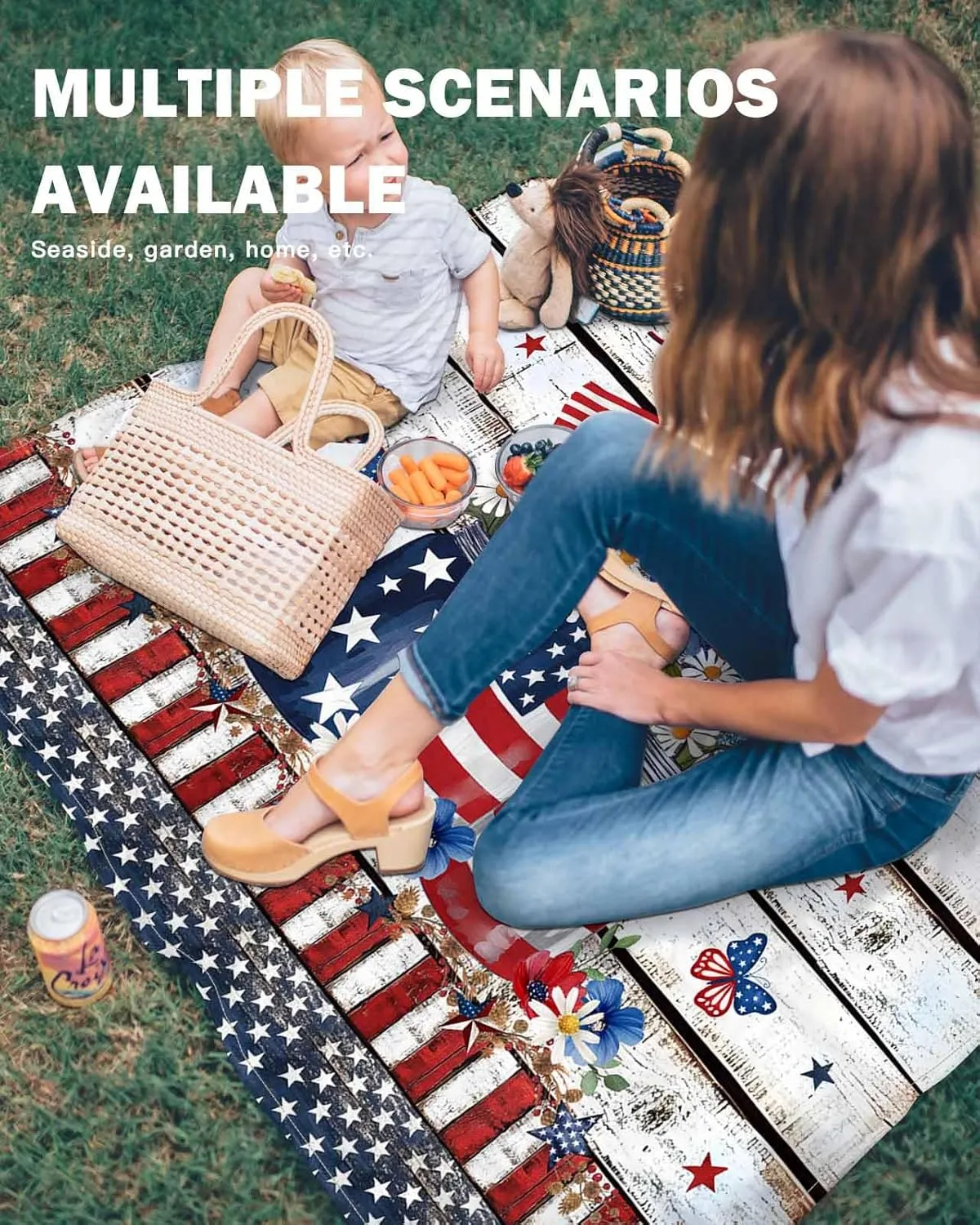Beach Blanket Sandproof Waterproof Picnic Blankets American Flag Memorial Day Star Extra Large Lightweight Outdoor Beach Mat with Corner Pockets for Travel/Camping/Hiking Retro Board Striped Border
