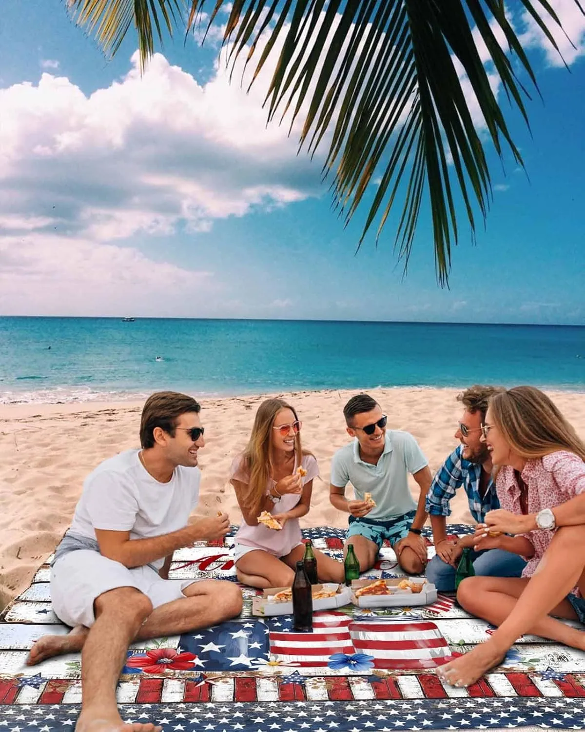 Beach Blanket Sandproof Waterproof Picnic Blankets American Flag Memorial Day Star Extra Large Lightweight Outdoor Beach Mat with Corner Pockets for Travel/Camping/Hiking Retro Board Striped Border