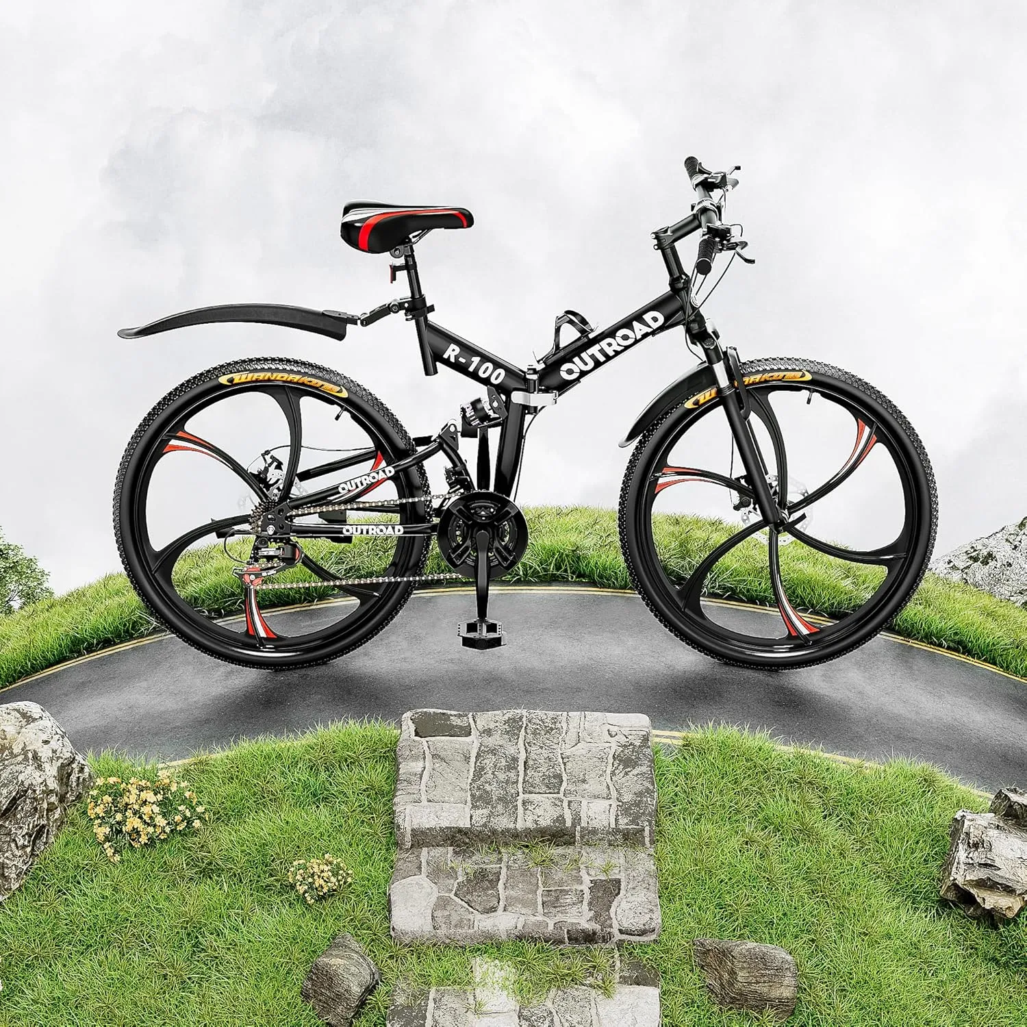 Betterland 26 Inch Mountain Bike, 21 Speeds Full Suspension Folding Bikes, Dual Disc Brake, High Carbon Steel Frame and Non-Slip Quick Release tire Bicycle for Adult