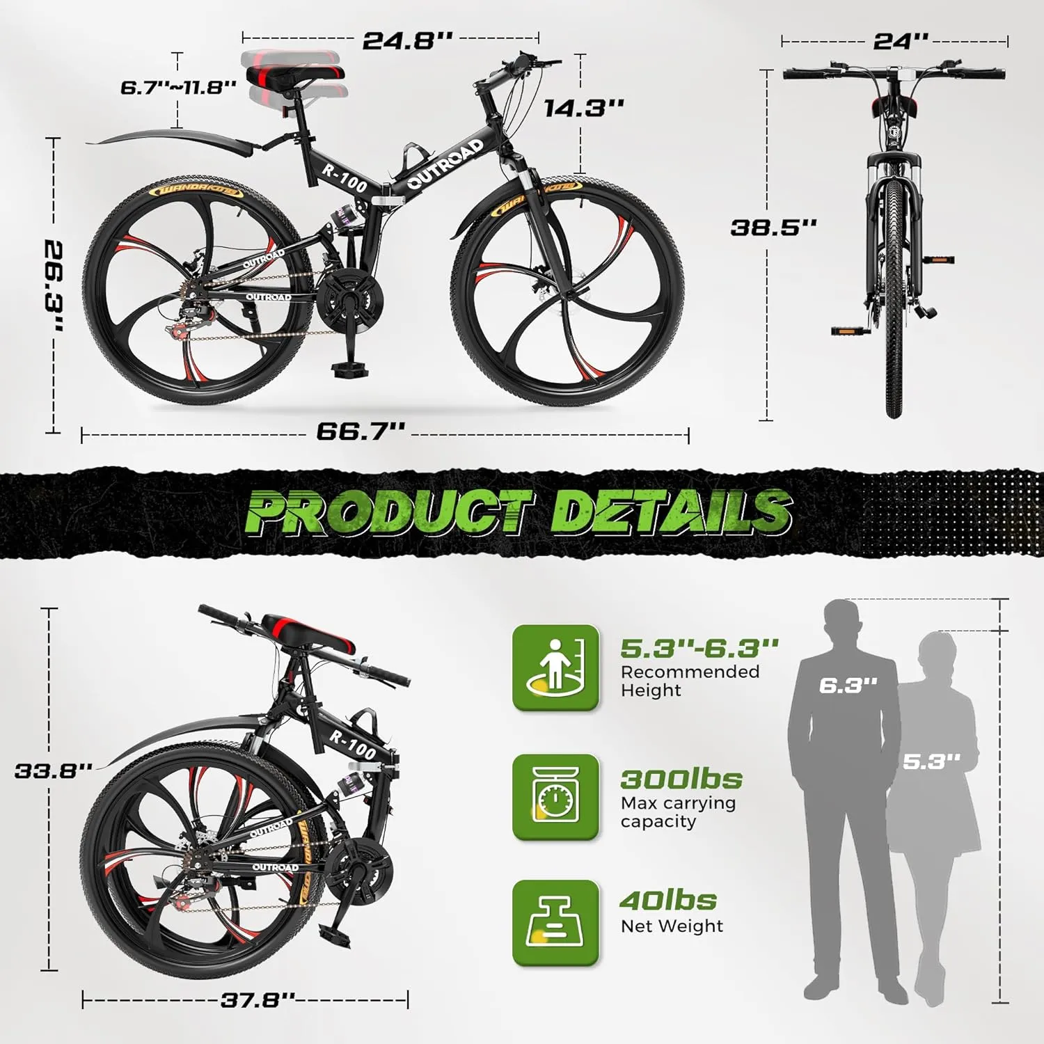 Betterland 26 Inch Mountain Bike, 21 Speeds Full Suspension Folding Bikes, Dual Disc Brake, High Carbon Steel Frame and Non-Slip Quick Release tire Bicycle for Adult