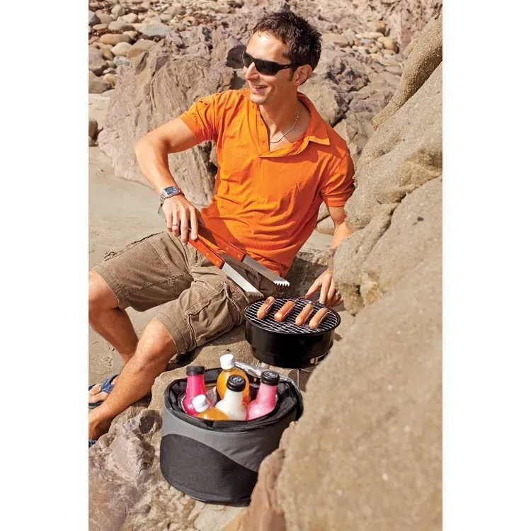 Caliente Portable Charcoal Grill and Cooler Tote, Black with Gray