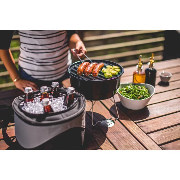 Caliente Portable Charcoal Grill and Cooler Tote, Black with Gray