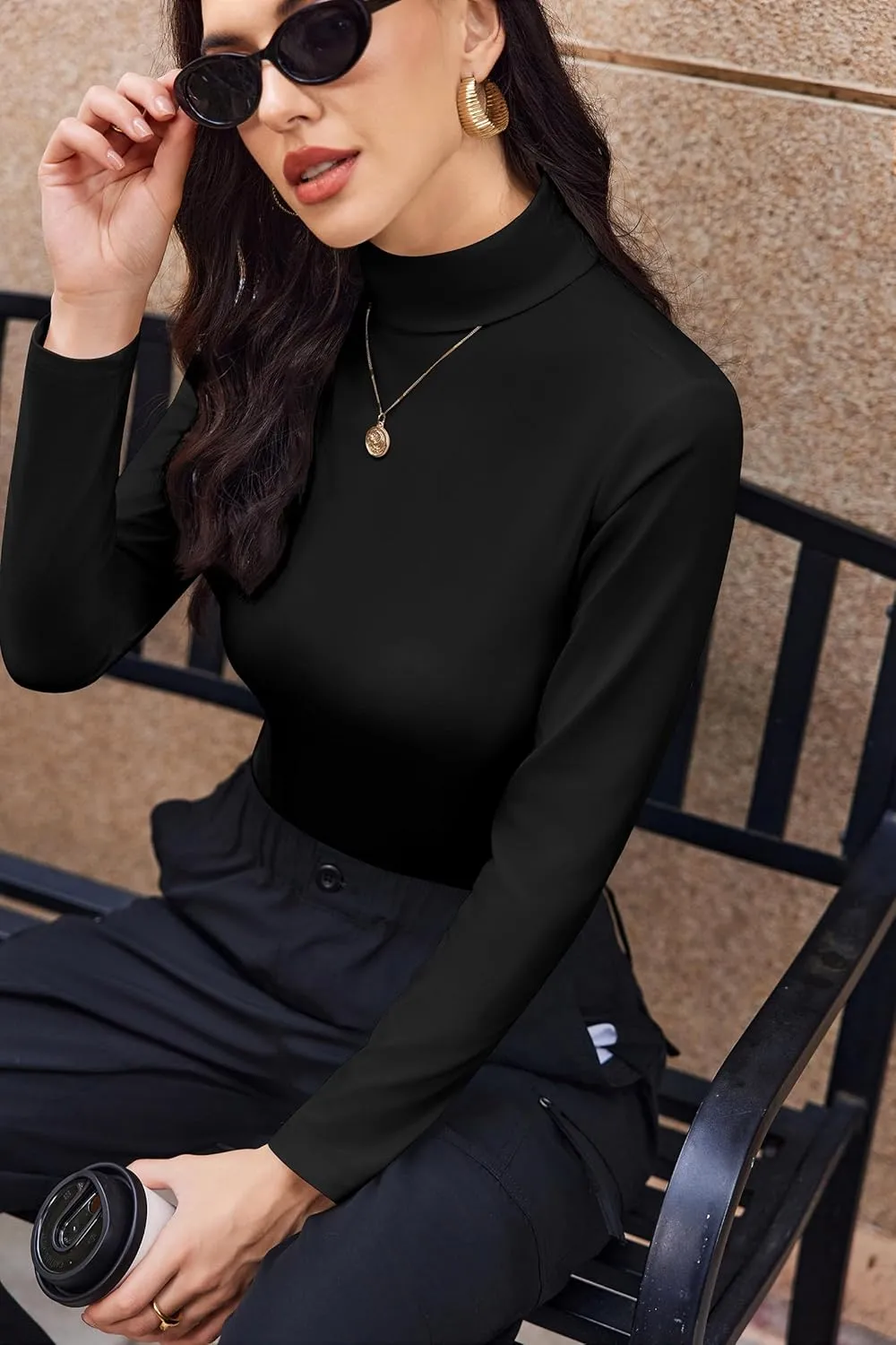 Ekouaer Women's Turtleneck Long Sleeve Shirts Fall Fashion Lightweight Base Layer Solid Slim Fit Thermal Underwear Tops