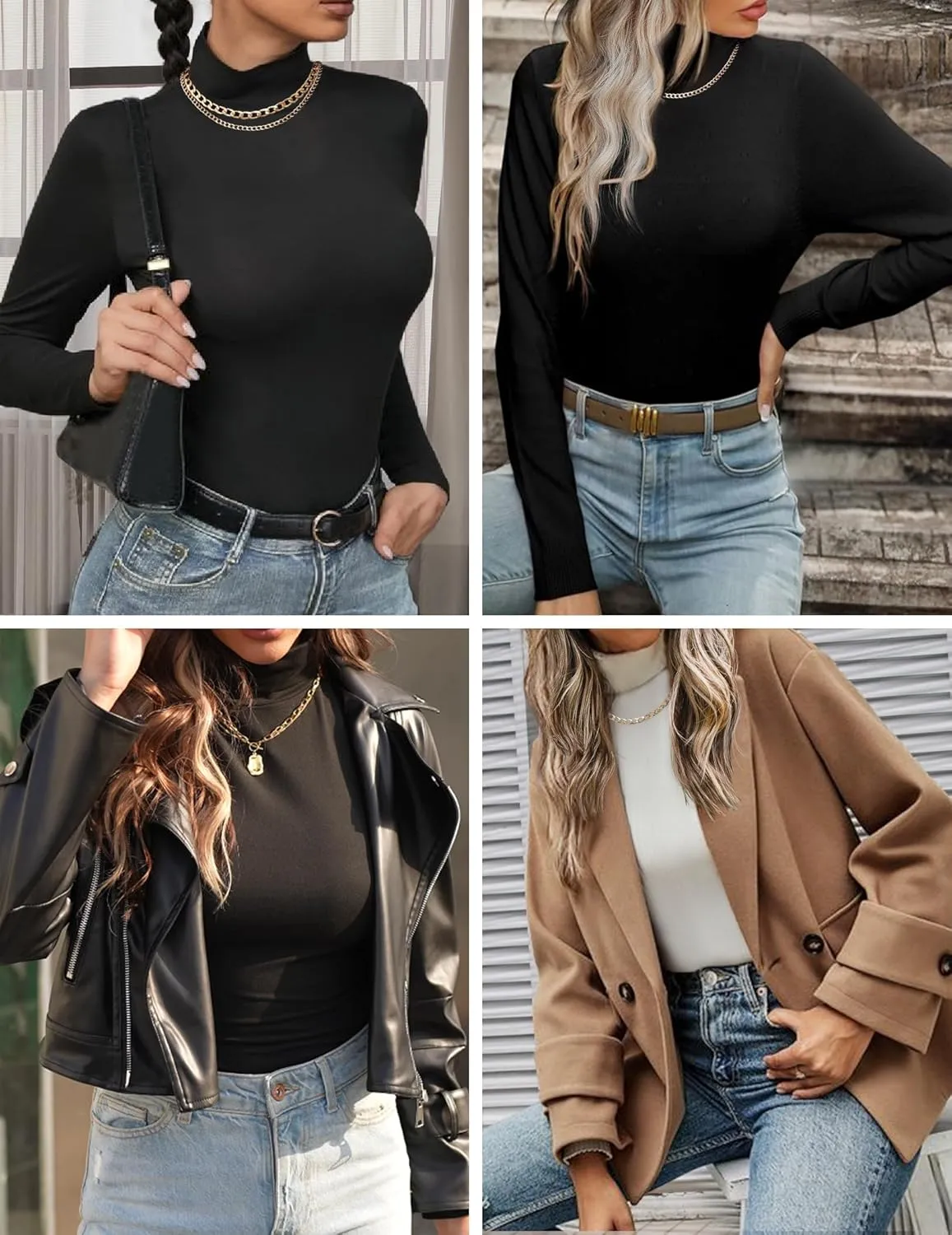 Ekouaer Women's Turtleneck Long Sleeve Shirts Fall Fashion Lightweight Base Layer Solid Slim Fit Thermal Underwear Tops