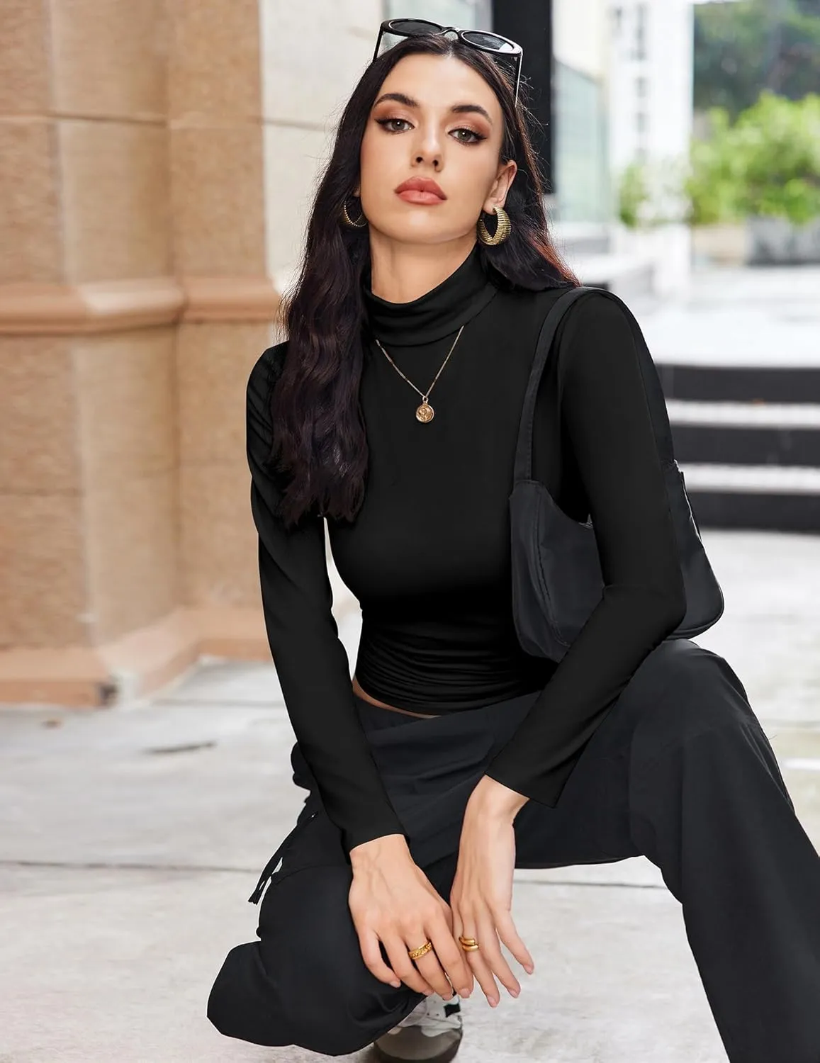 Ekouaer Women's Turtleneck Long Sleeve Shirts Fall Fashion Lightweight Base Layer Solid Slim Fit Thermal Underwear Tops