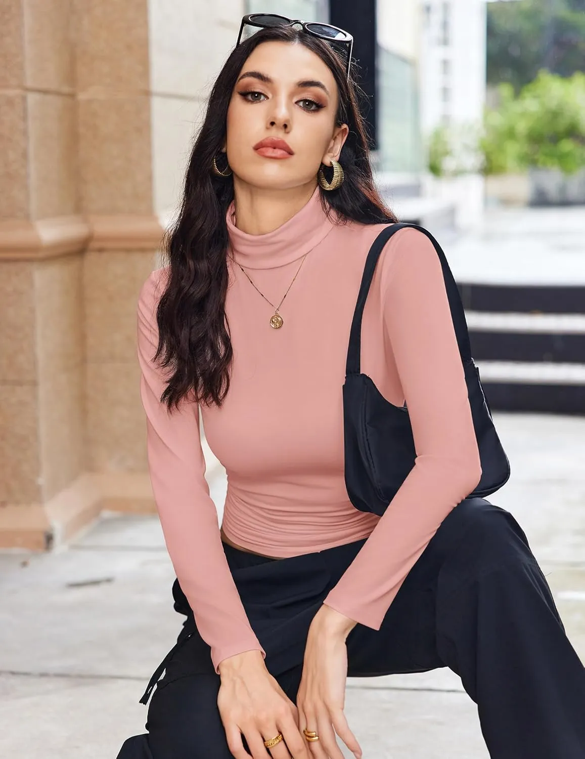 Ekouaer Women's Turtleneck Long Sleeve Shirts Fall Fashion Lightweight Base Layer Solid Slim Fit Thermal Underwear Tops