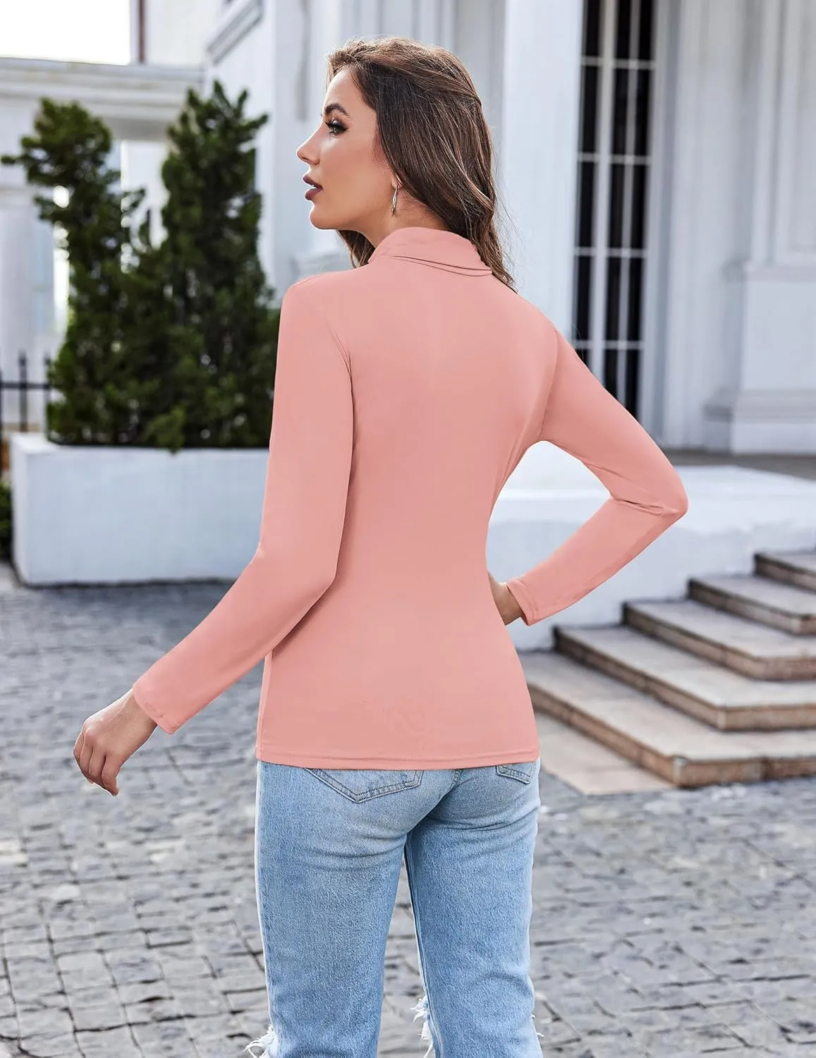 Ekouaer Women's Turtleneck Long Sleeve Shirts Fall Fashion Lightweight Base Layer Solid Slim Fit Thermal Underwear Tops
