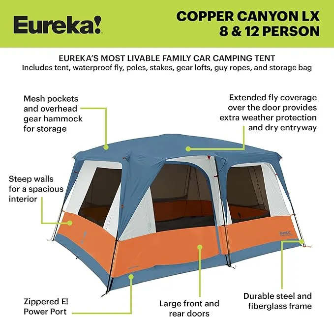 Eureka! Copper Canyon LX 12-Person 3-Season Camping Tent – Spacious, Comfortable, and Weather-Resistant