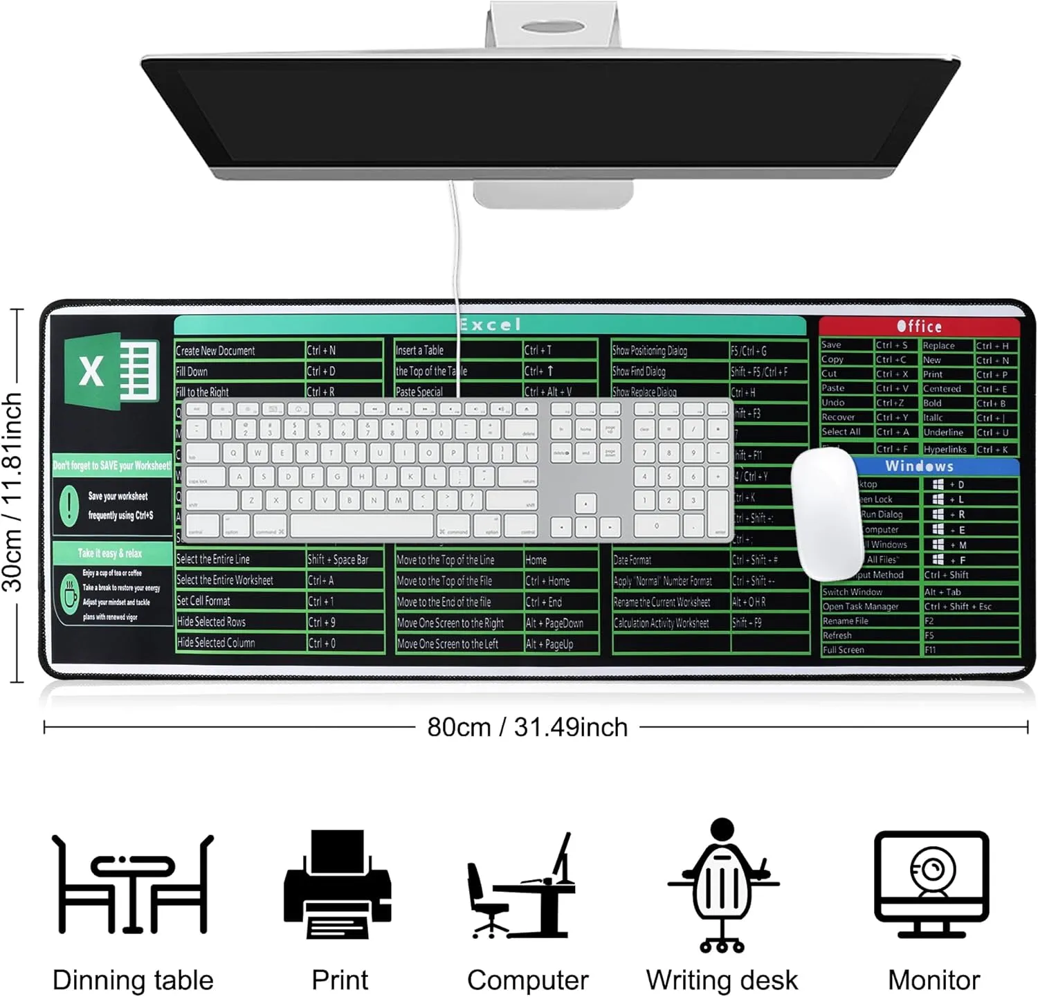 Excel Cheat Sheet Desk Pad,Excel Mouse Pad Shortcuts,Large XXL Mouse pad Gaming|Desk mat for Keyboard and Mouse| Non-Slip Computer mat with excel Shortcuts,PC Office Spreadsheet Keyboard Mat