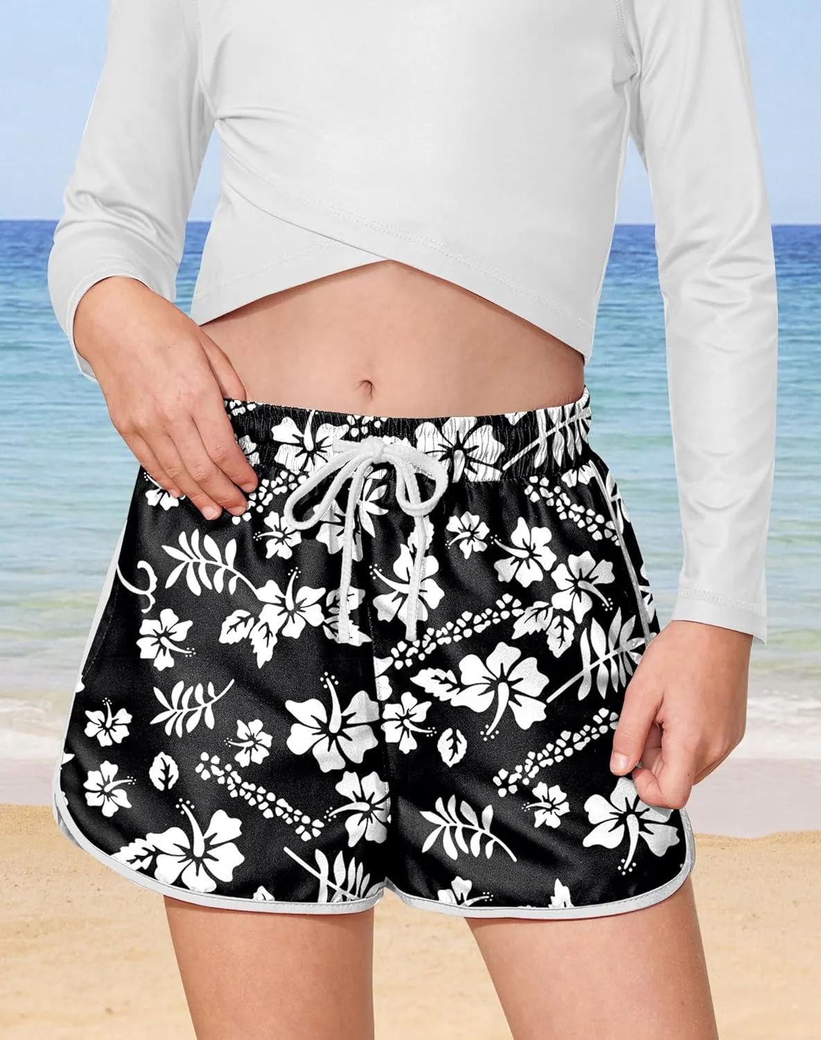 Girls 4th of July Summer Elastic Waist Beach Swim Shorts Quick Dry American Flag Swim Trunks with Pockets 5-14 Years