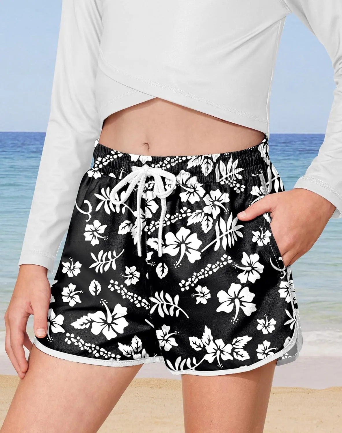 Girls 4th of July Summer Elastic Waist Beach Swim Shorts Quick Dry American Flag Swim Trunks with Pockets 5-14 Years