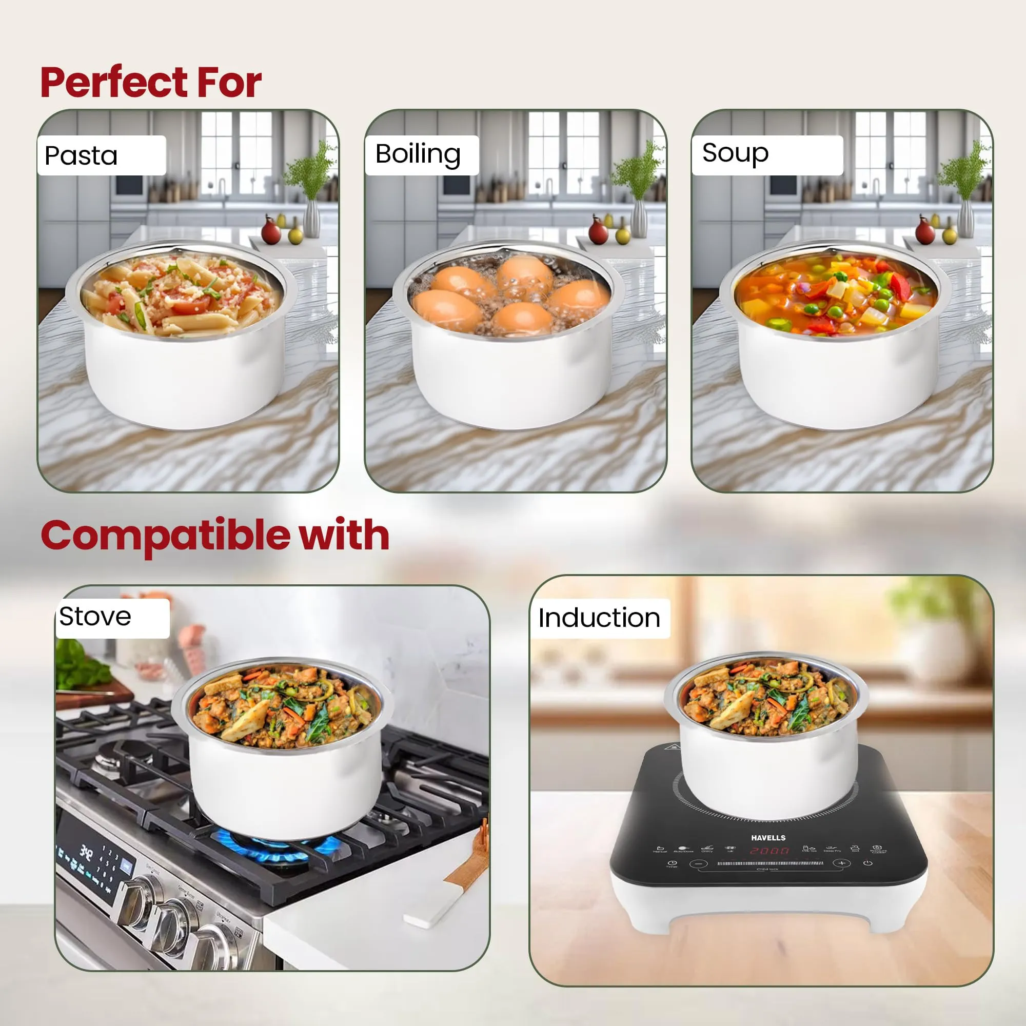 Kuber Industries 2.1L Stainless Steel Tope Set/Vessels for Cooking with Lid | Induction Safe Heavy Duty Gauge Boiling & Cooking Patila/Topiya/Bhagona Steel Utensils for Kitchen | Silver