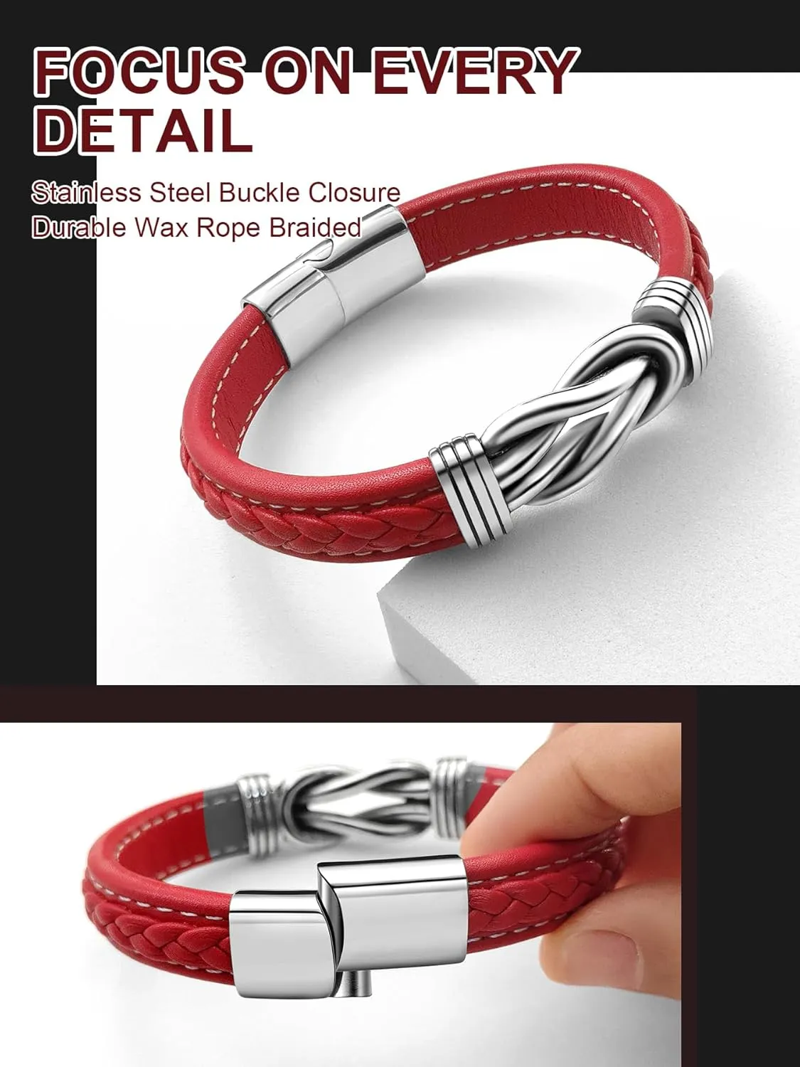 Mens Black Braided Leather Bracelet, Green/Red/Brown/Black Braided Leather Infinity Knot Bracelets for Men with Stainless Steel Clasp, 7.5/8.5/9in Length