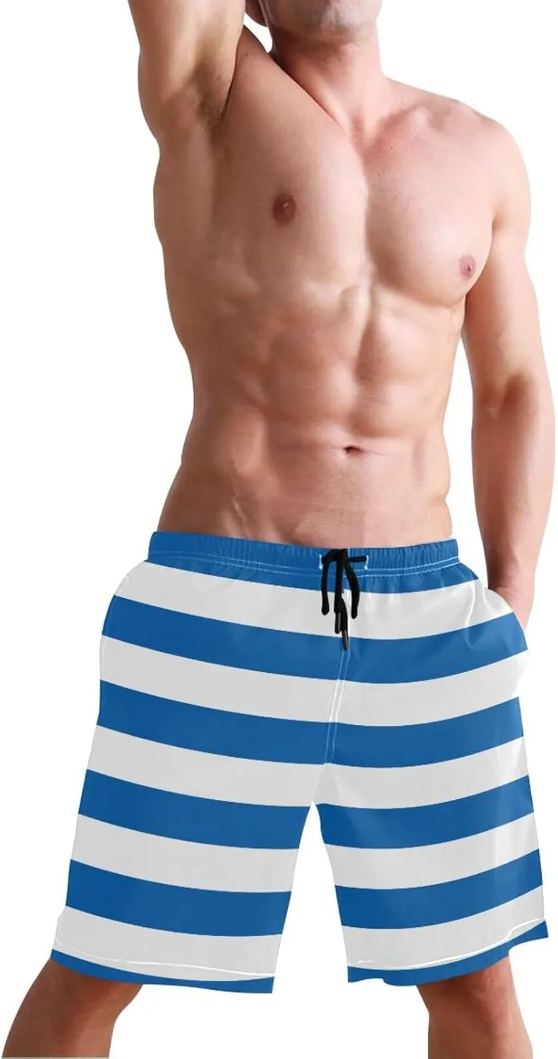 Men's Quick Dry Swim Trunks with Pockets Red and White Striped Beach Swimwear Board Shorts