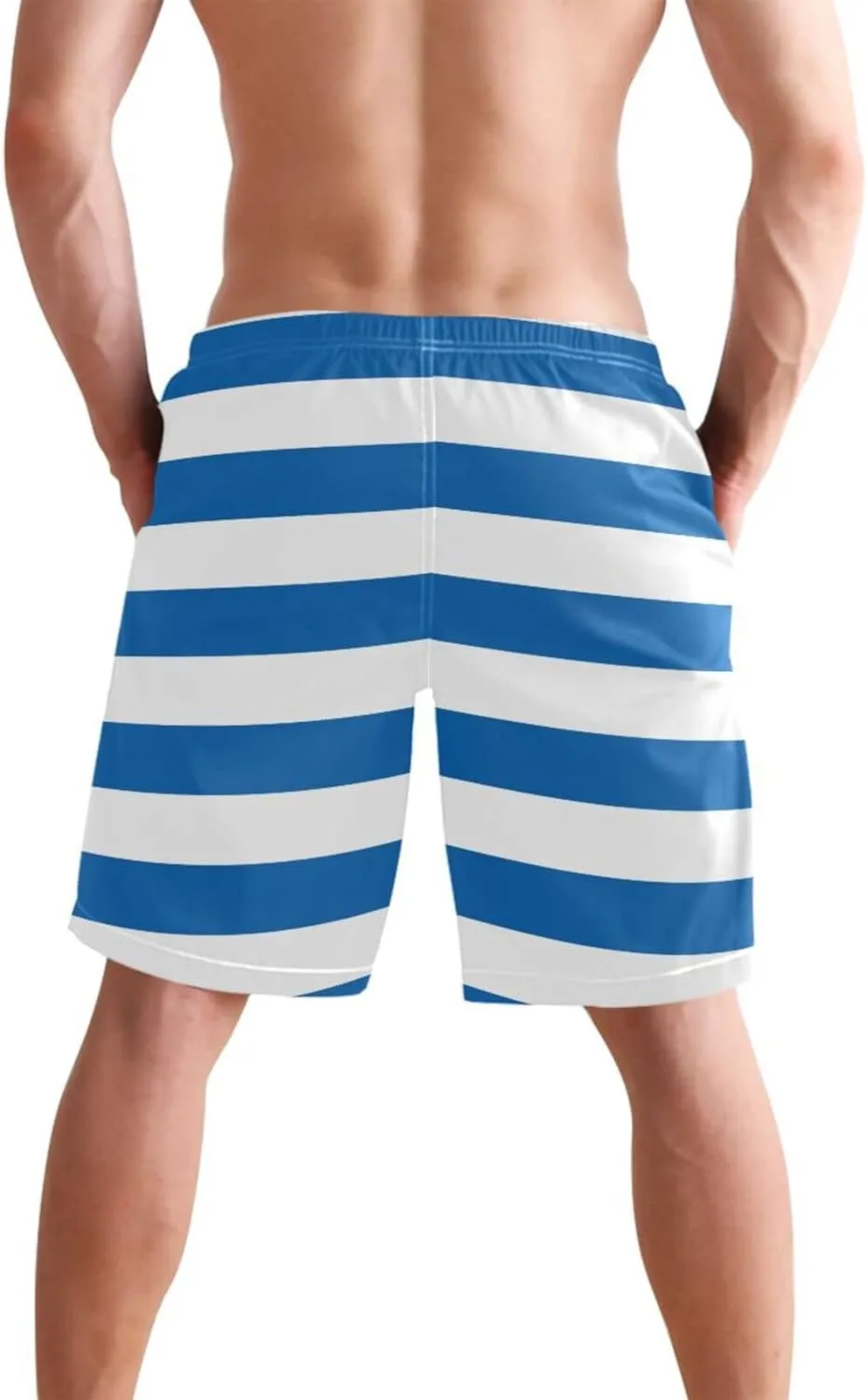 Men's Quick Dry Swim Trunks with Pockets Red and White Striped Beach Swimwear Board Shorts