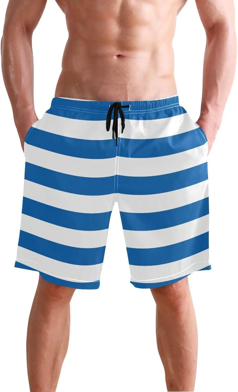Men's Quick Dry Swim Trunks with Pockets Red and White Striped Beach Swimwear Board Shorts