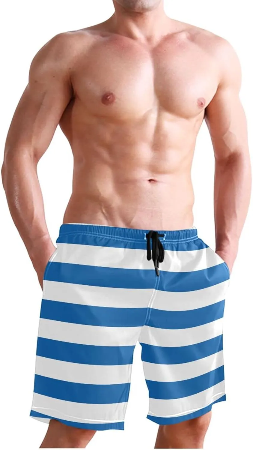 Men's Quick Dry Swim Trunks with Pockets Red and White Striped Beach Swimwear Board Shorts