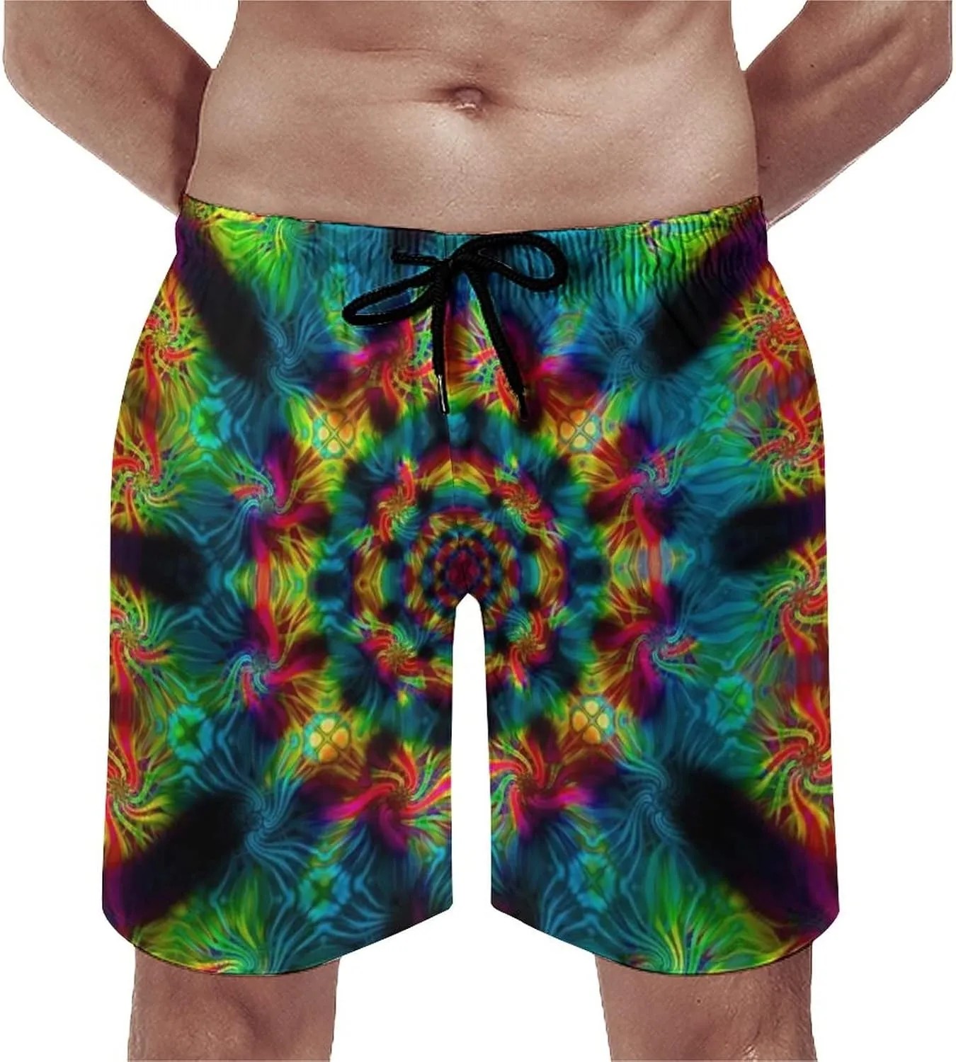 Mens Trippy Psychedelic Swim Trunks Beach Board Shorts with Mesh Lining and Pockets