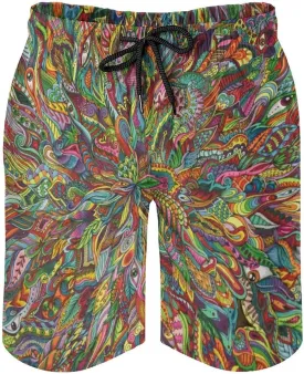 Mens Trippy Psychedelic Swim Trunks Beach Board Shorts with Mesh Lining and Pockets