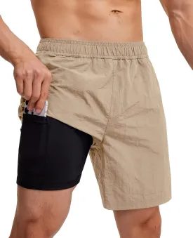 Milin Naco Mens Swim Trunks 7" 2 in 1 Compression Liner Quick Dry 4 Pockets Beach Shorts Swimwear for Men Bathing Suit