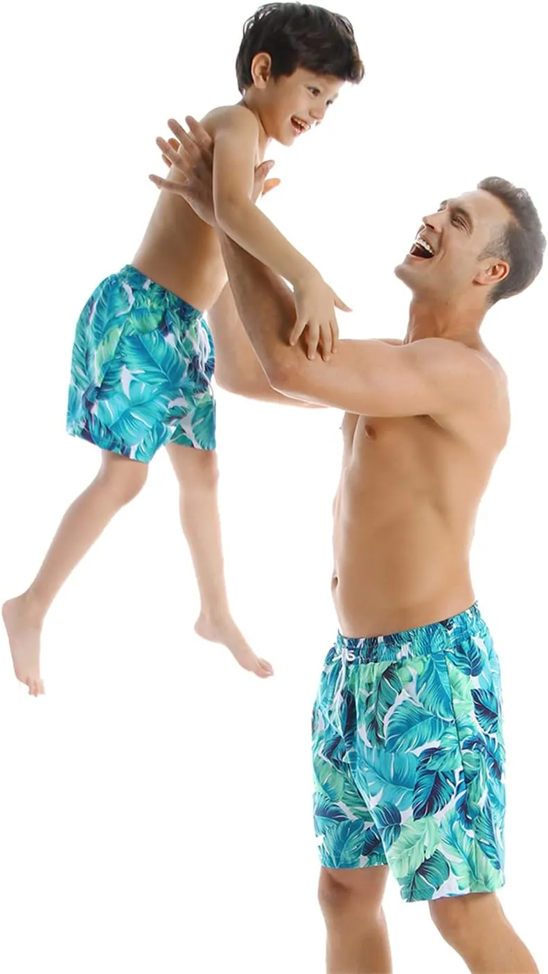 OMZIN Father and Son Swim Trunks Drawstring Elastic Waist Beach Shorts with Pockets