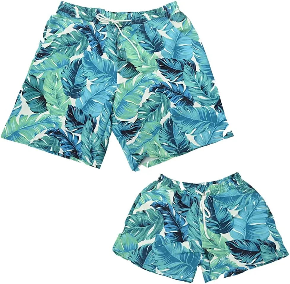 OMZIN Father and Son Swim Trunks Drawstring Elastic Waist Beach Shorts with Pockets