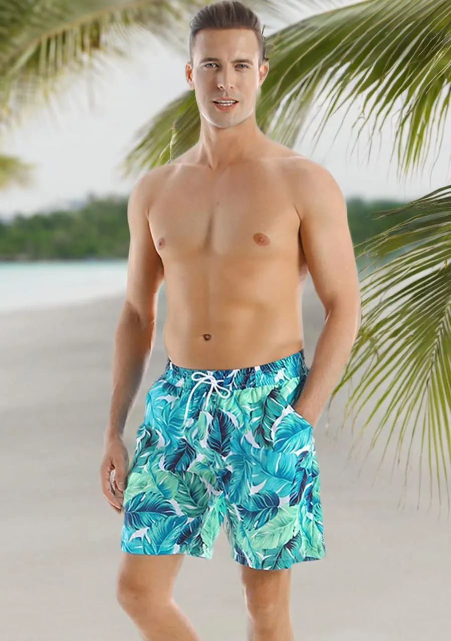 OMZIN Father and Son Swim Trunks Drawstring Elastic Waist Beach Shorts with Pockets