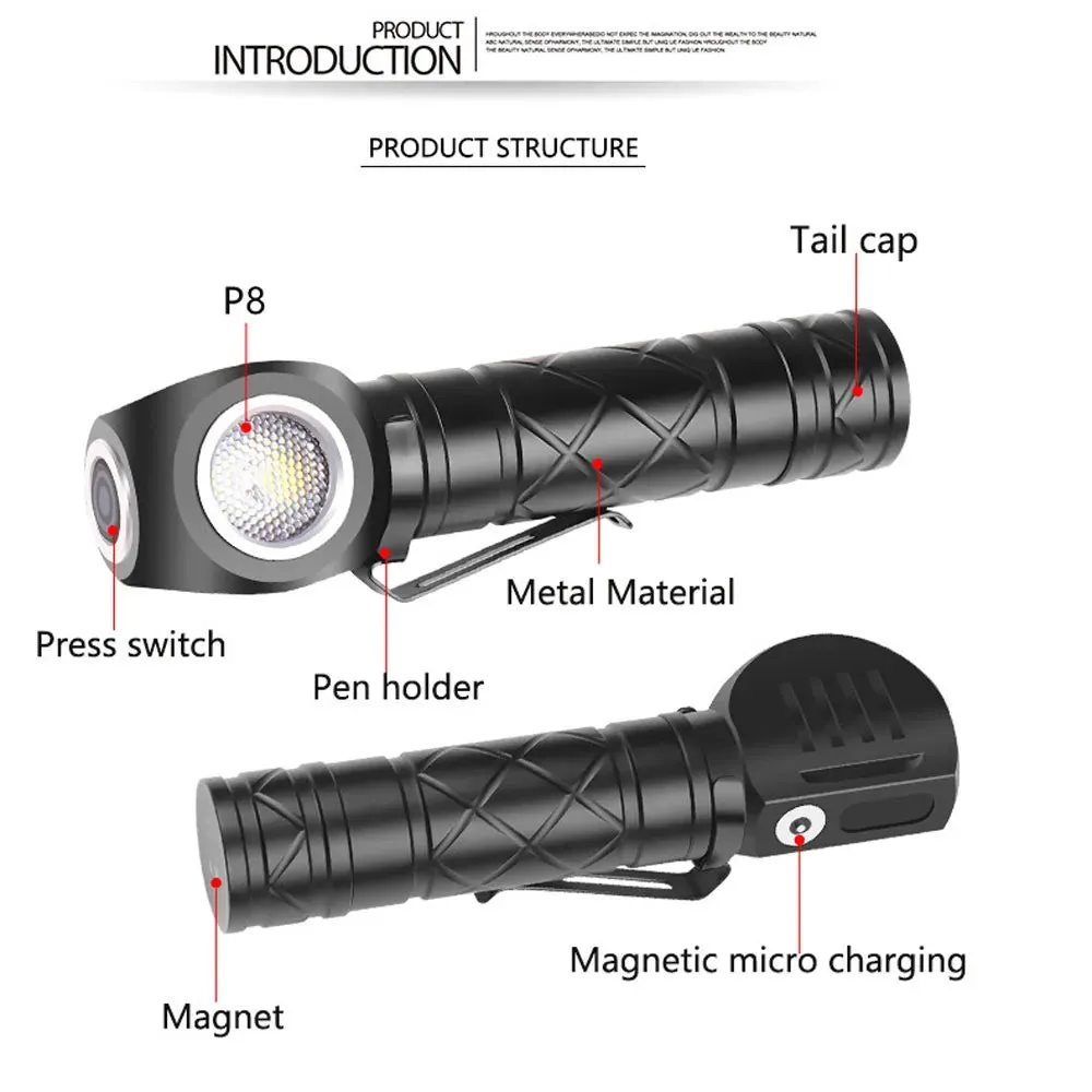 P8 LED flashlight Portable 18650 USB Rechargeable headlamp with magnet Adjustable Powerful Portable Torch 3 Mode Flash Headlight