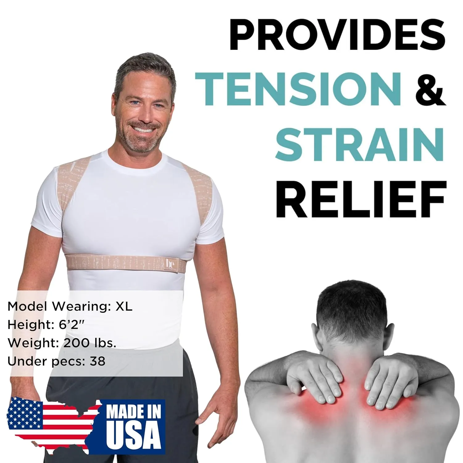 Posture Corrector for Women and Men - Made in USA - Slim and Adjustable Shoulder Brace - Back Brace for Back Pain Relief - Sand Drizzle XL