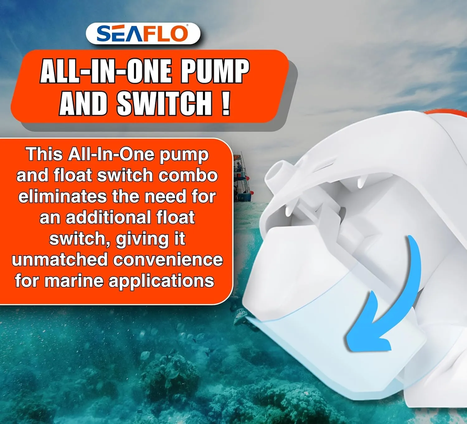 SEAFLO 06 Series Automatic Submersible Bilge Pump - 1100 GPH, 12V, 1-1/8"" Outlet, 4-Year Warranty! Built-In Float Switch, Snap-Off Strainer, Compact for Marine Boat Yacht, CE & Rohs Certified