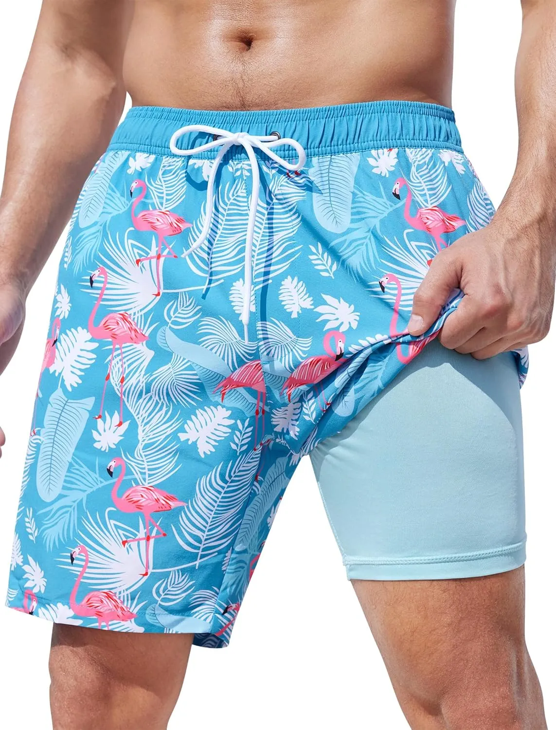 SILKWORLD Mens Swim Trunks Quick Dry Swimming Shorts with Compression Liner and Zipper Pockets