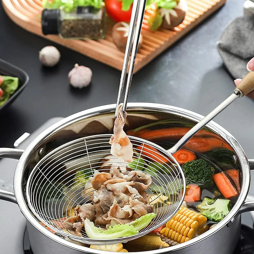 Spider Strainer, Cooking Spider,7.9-inch Extra Large Spider Spoon with Wood Handle, Stainless Steel Spider Cooking Utensil for Cooking and Frying