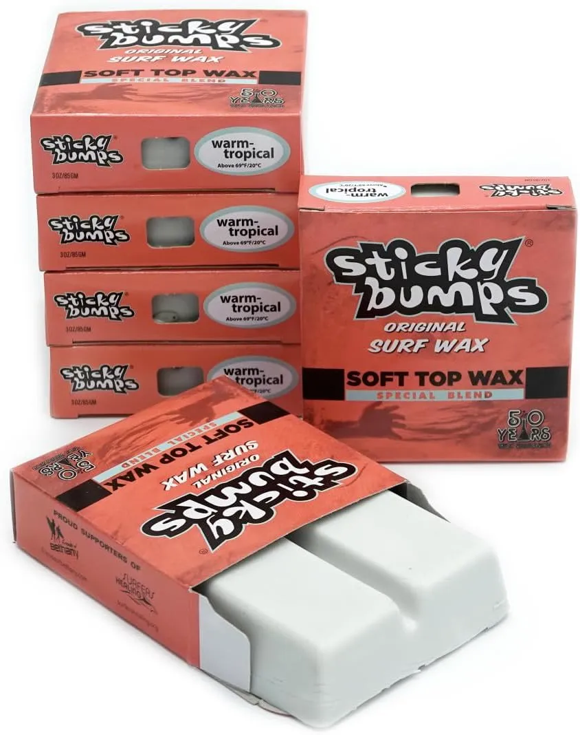 Sticky Bumps Softboard Warm/Tropical Surf Wax - 6 Pack | Long-Lasting Surfboard Wax | Great Bump Building for Surfing | Non-Toxic, Nature-Safe | Warm Water Surf Wax for Temps 69F / 20C above.