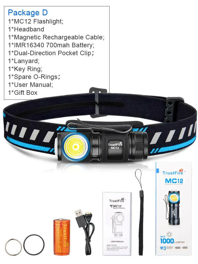 TrustFire MC12 EDC Powerful LED Flashlight 1000Lumens Magnetic Rechargeable Head Lamp XP-L HI Camping Torch Flash Light