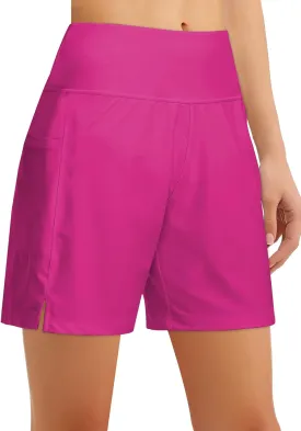 Women's 4" High-Waisted Swim Board Shorts with Liner and Pockets  Quick-Dry Beach & Swimming Shorts