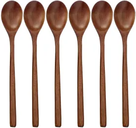 Wooden Spoons, 6 Pieces 9 Inch Wood Soup Spoons for Eating Mixing Stirring, Long Handle Spoon with Japanese Style Kitchen Utensil,  Eco Friendly Table Spoon