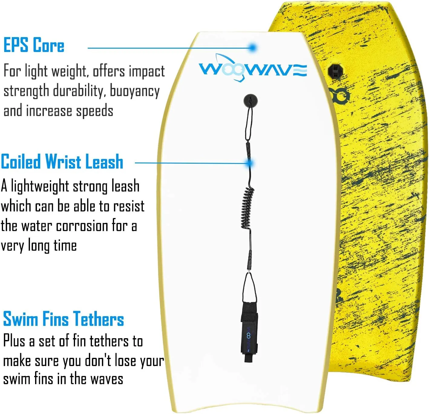 WOOWAVE Bodyboard 33-inch/36-inch/41-inch Super Lightweight Body Board with Coiled Wrist Leash, Swim Fin Tethers, EPS Core and Slick Bottom, Perfect Surfing for Kids Teens and Adults